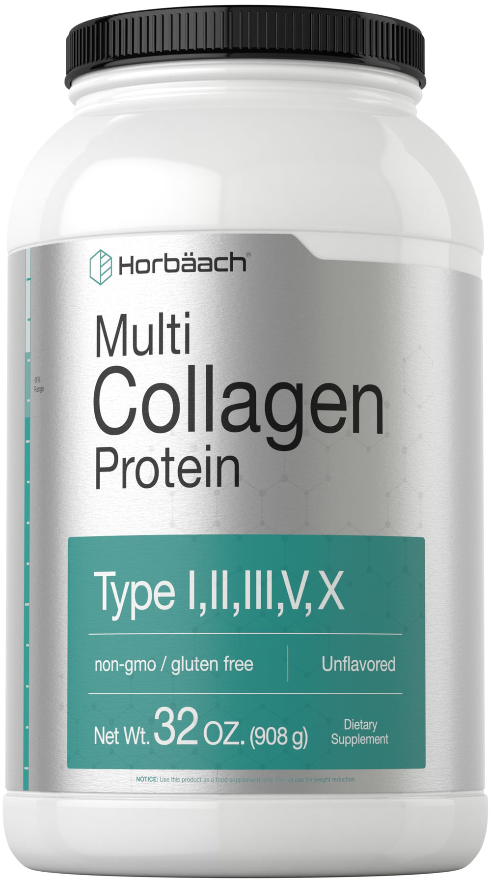 Horbaach Multi Collagen powder bottle closeup—unflavored, ideal for keto and paleo routines.