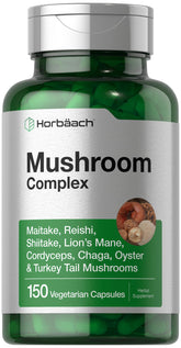 Horbäach Mushroom Complex capsules bottle close-up for daily wellness support.