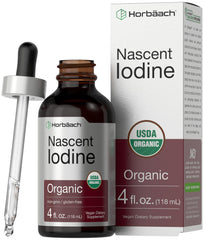 Horbaach Nascent Iodine Drops bottle close-up, highlighting purity and quality.