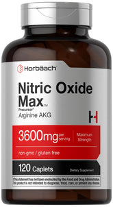 Horbäach Nitric Oxide Max bottle showing 3600 mg Arginine AAKG for workout support
