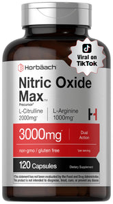 Horbach Nitric Oxide supplement bottle with label highlights gluten-free formula for training.