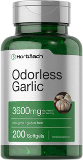 Horbäach Odorless Garlic Softgels bottle front shows easy, odor-free daily use.