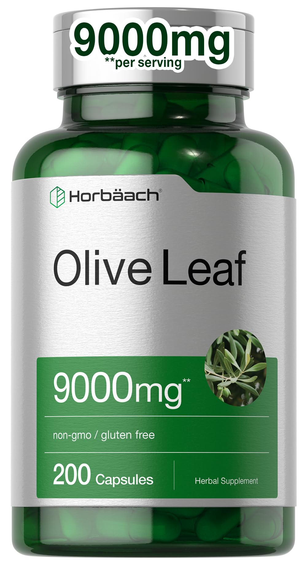Horbäach Olive Leaf Extract capsules bottle close-up highlighting 9000 mg potency for daily use