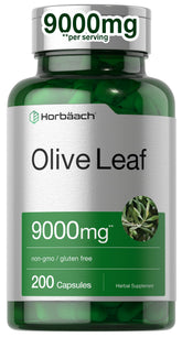 Horbäach Olive Leaf Extract capsules bottle close-up highlighting 9000 mg potency for daily use