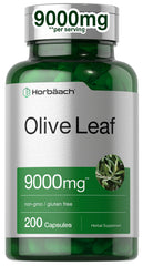 Horbäach Olive Leaf Extract capsules bottle close-up highlighting 9000 mg potency for daily use