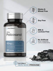 Horbäach Policosanol 40mg box, showcases non-GMO and gluten-free features.