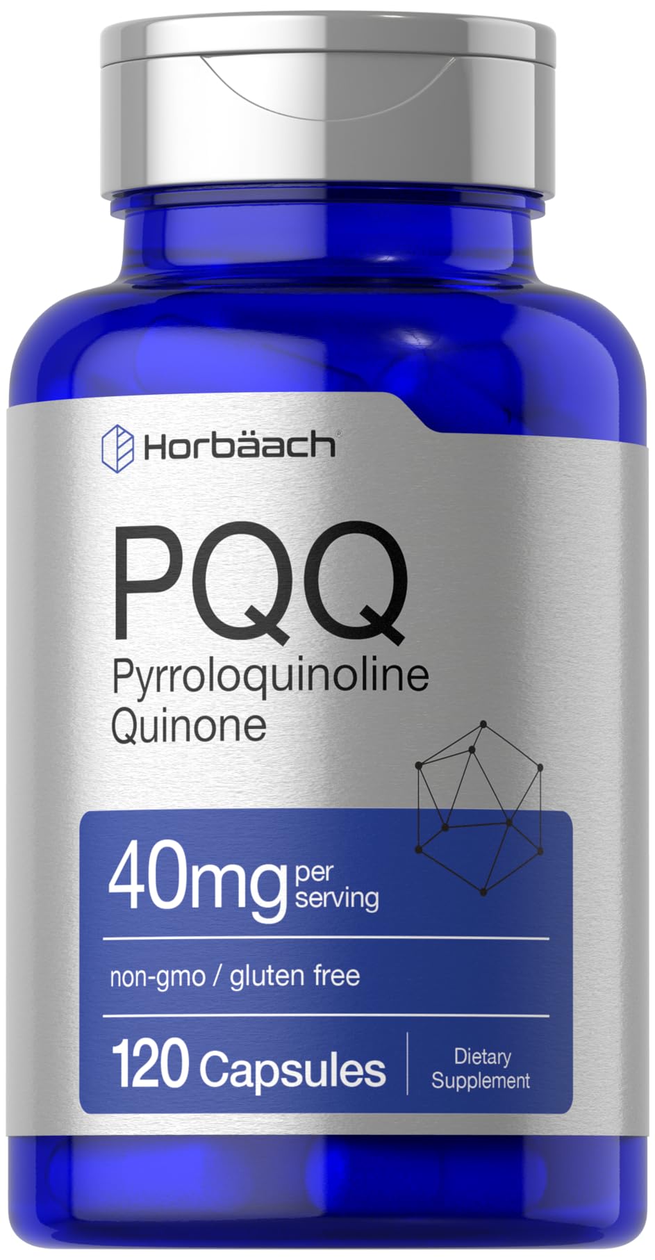 Horbäach PQQ bottle front with 120 capsules and 40 mg per serving.
