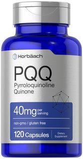 Horbäach PQQ bottle front with 120 capsules and 40 mg per serving.