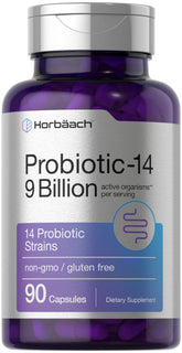 Horbäach Probiotics bottle front with 14 strains for digestive balance