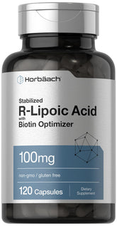 Horbaach R-Lipoic Acid bottle with non-GMO and gluten-free labeling.