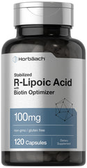 Horbaach R-Lipoic Acid bottle with non-GMO and gluten-free labeling.
