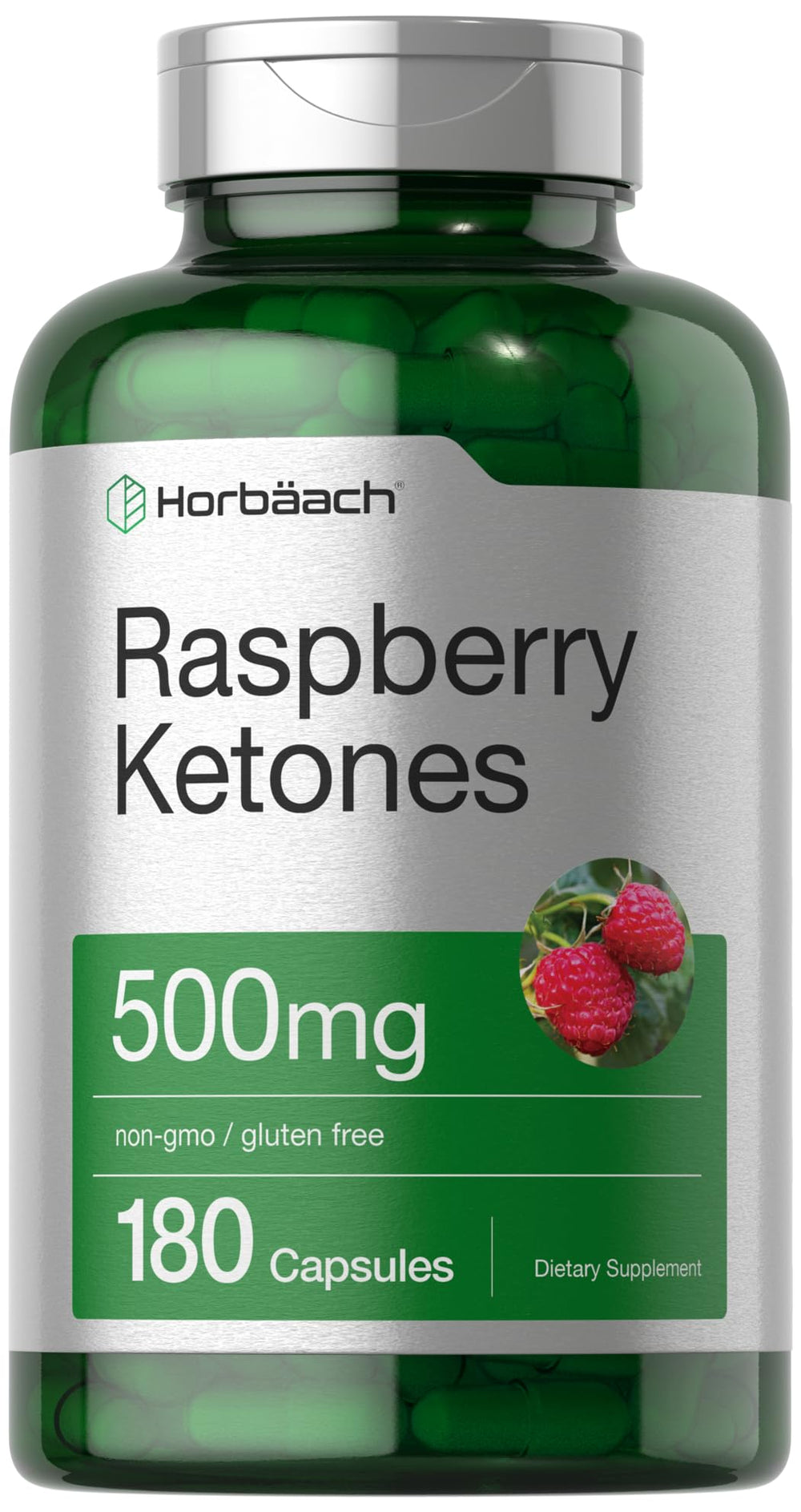 Horbäach Raspberry Ketones bottle front view with 500 mg serving for daily use.