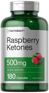 Horbäach Raspberry Ketones bottle front view with 500 mg serving for daily use.