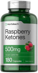Horbäach Raspberry Ketones bottle front view with 500 mg serving for daily use.