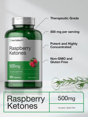 Horbäach Raspberry Ketones bottle label close-up highlighting non-GMO and gluten-free.