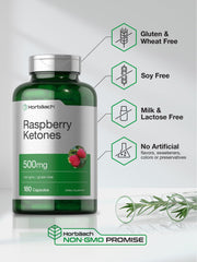 Horbäach Raspberry Ketones bottle with cap and capsules ready for daily routine.