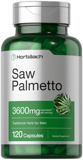 Horbaach Saw Palmetto extract capsules on bottle front for daily wellness.