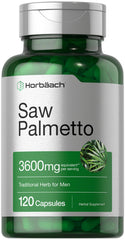 Horbaach Saw Palmetto extract capsules on bottle front for daily wellness.