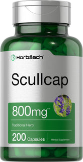 Horbäach Scullcap capsules bottle front highlights 800 mg potency for daily support