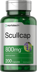 Horbäach Scullcap capsules bottle front highlights 800 mg potency for daily support