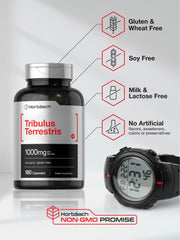 Horbaach Tribulus Terrestris label info shows Non-GMO and gluten-free features.