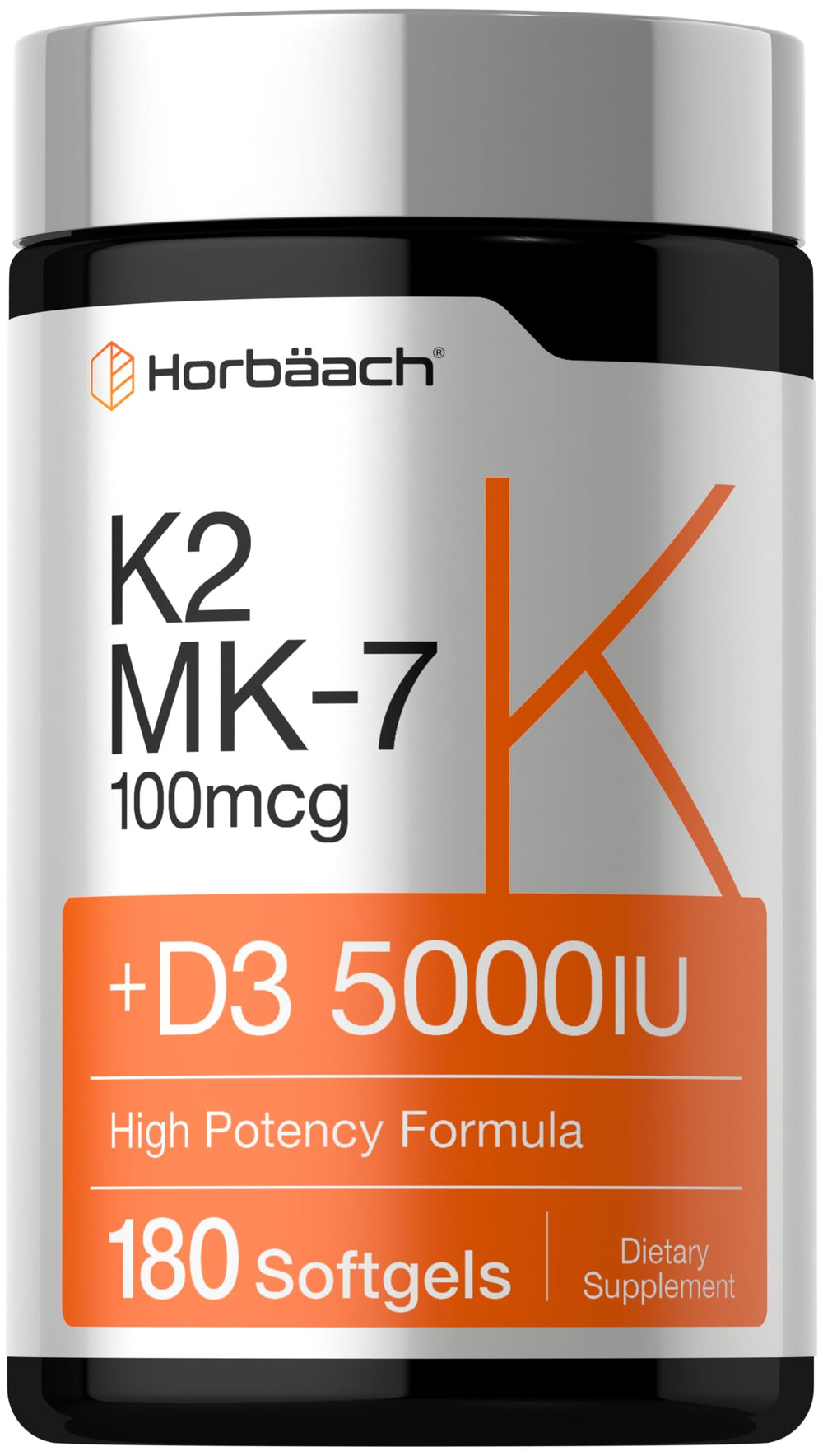 Horbäach Vitamin D3 K2 softgel bottle for daily wellness support.