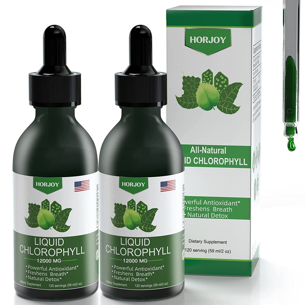 Horjoy Chlorophyll liquid drops bottle showing natural energy support and detox potential