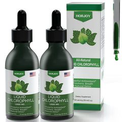 Horjoy Chlorophyll liquid drops bottle showing natural energy support and detox potential