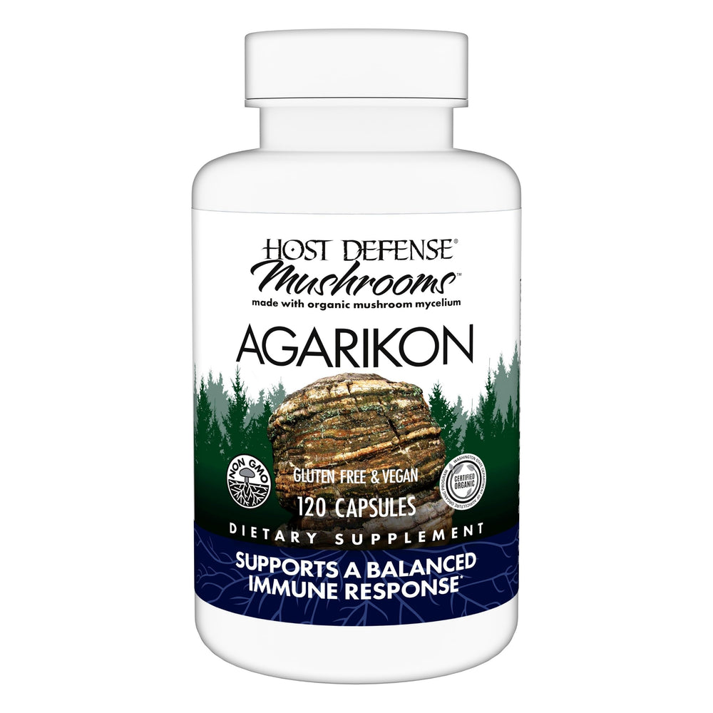 Host Defense Agarikon capsules bottle shows daily immune support in a convenient format.