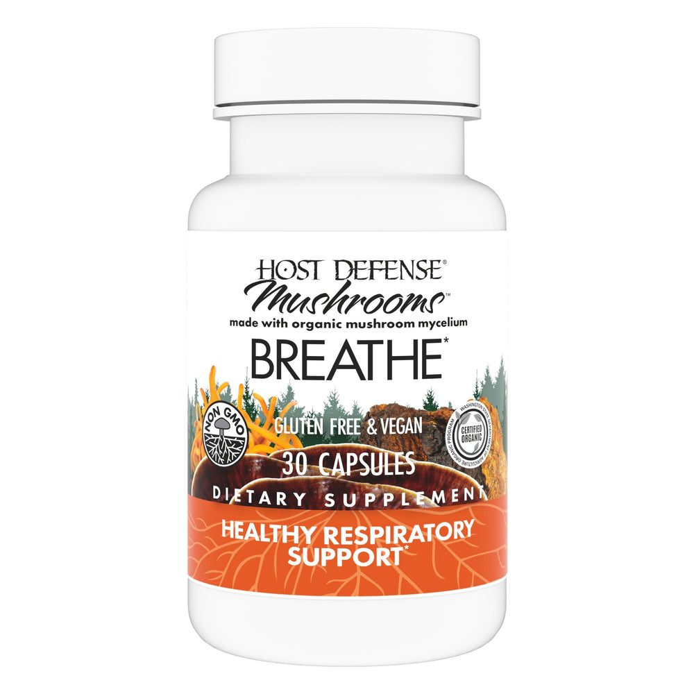 Host Defense Breathe capsules bottle label highlights mushroom blend for respiratory support.