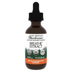 Host Defense Breathe Extract bottle label showing mushroom blend for daily immune and respiratory support.