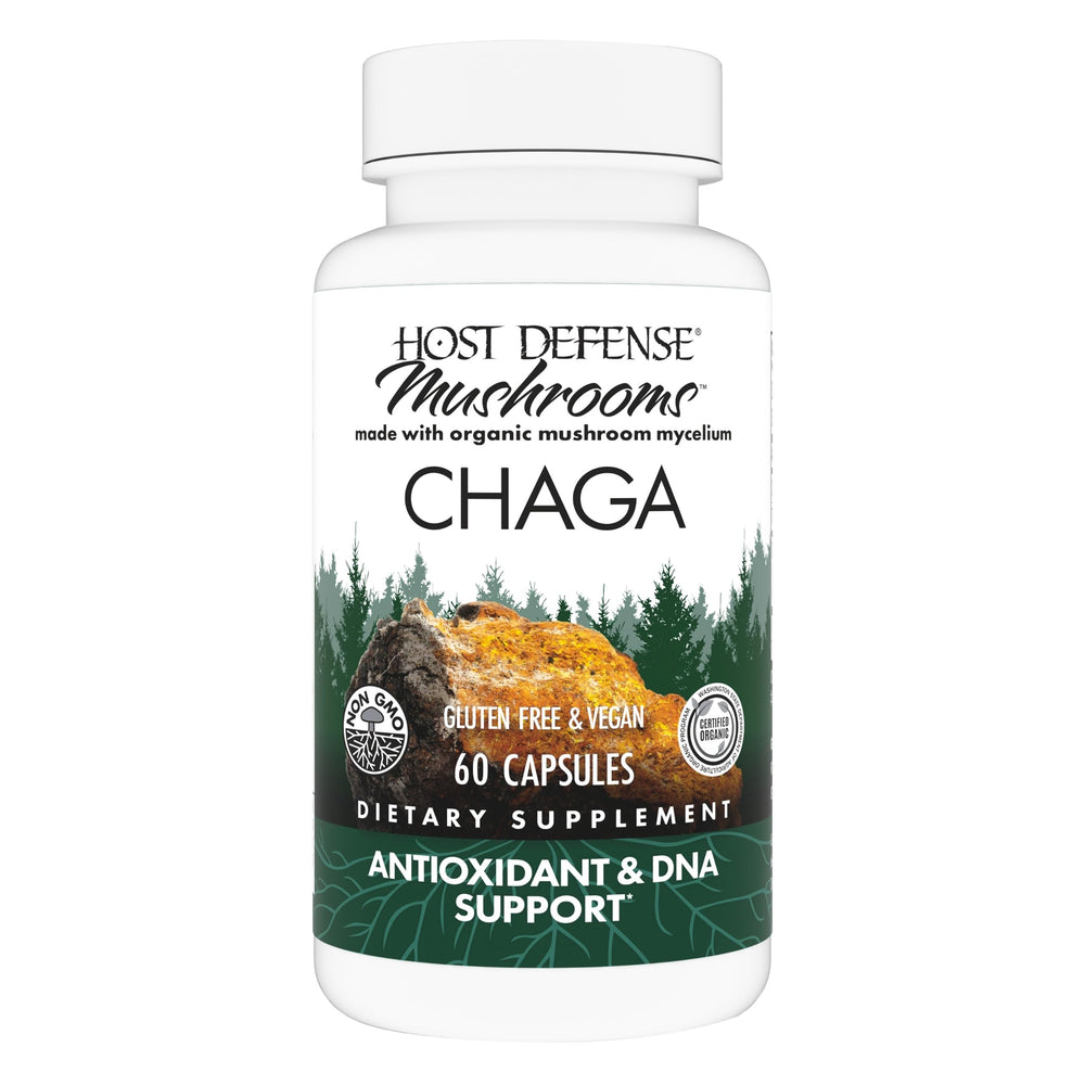 Host Defense Chaga capsules bottle; supports antioxidant activity and immune balance.