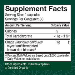 Close-up of Host Defense Chaga label; highlights organic, non-GMO ingredients.