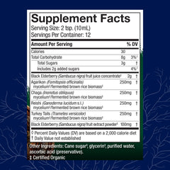 Label closeup of Elderberry Plus Syrup highlighting mushroom blend and natural ingredients.
