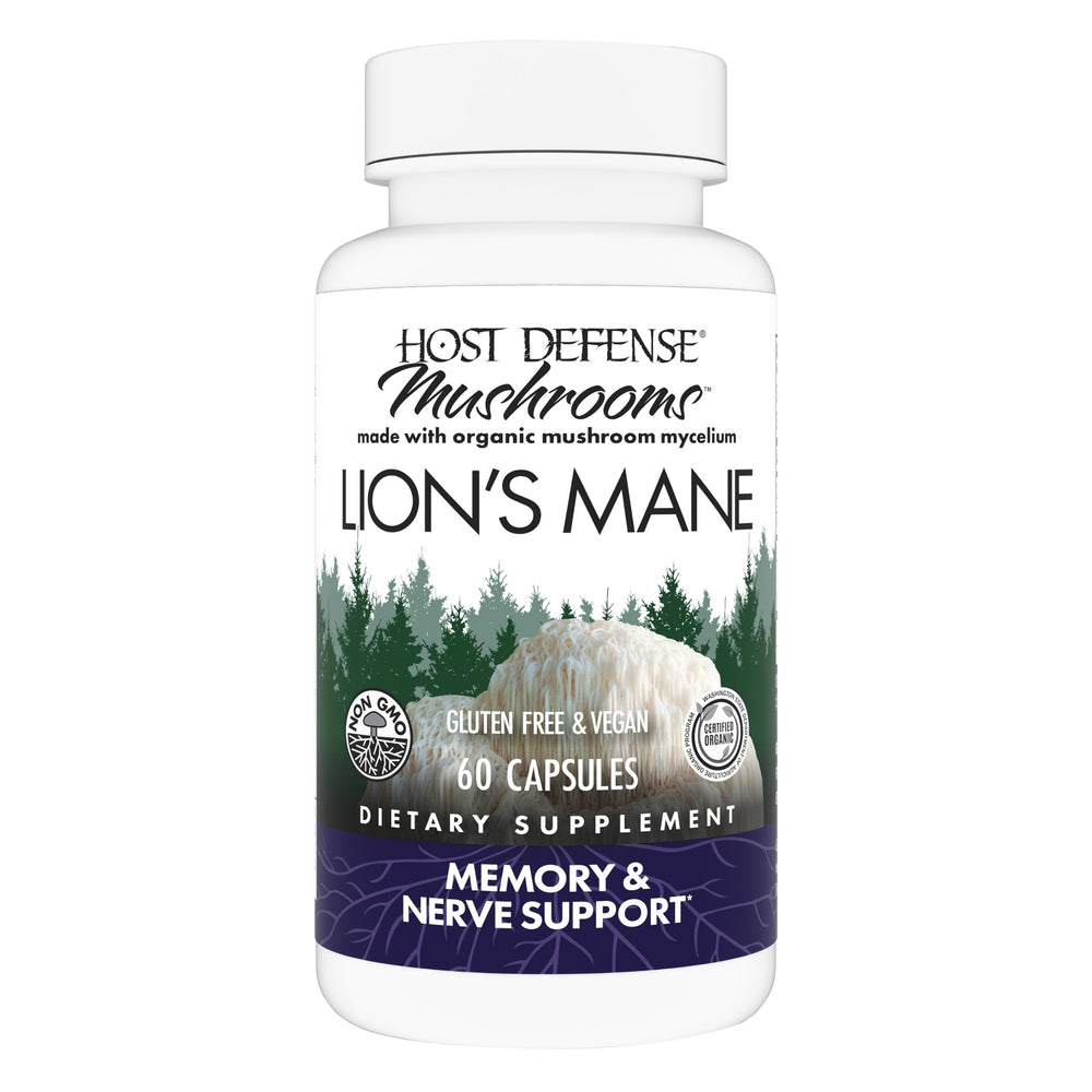 Host Defense Lions Mane bottle-front for daily focus support.