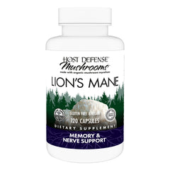 Host Defense Lions Mane bottle label highlights brain health support.