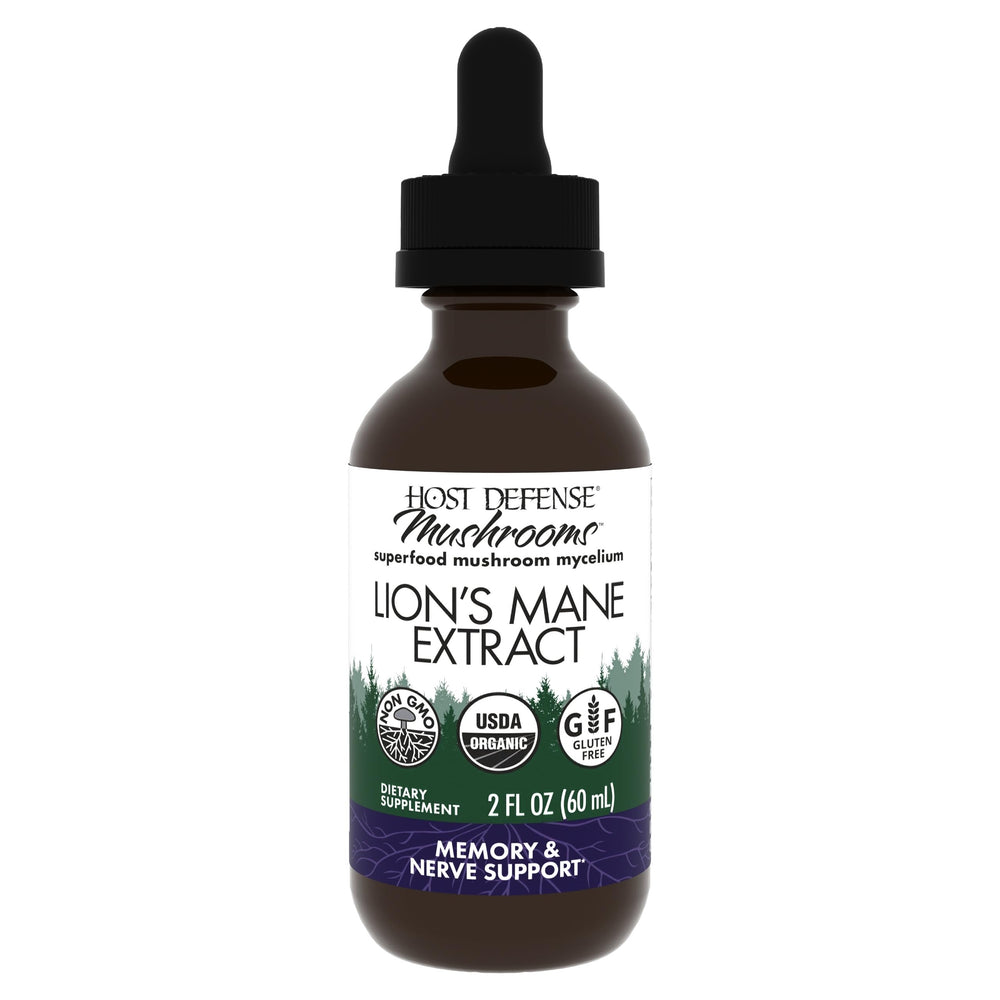 Host Defense Lion's Mane extract bottle with clear label for focus support and daily use