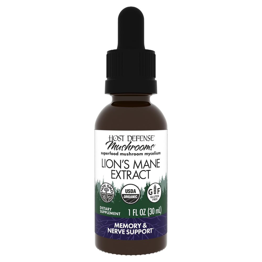 Host Defense Lions Mane extract bottle signals focus support and daily use.