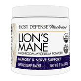 Host Defense Lion's Mane Powder bottle front, easy daily use and branding for brain health support
