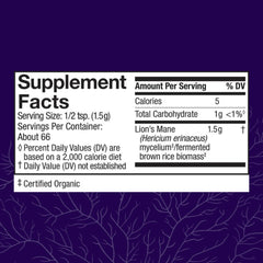 Host Defense Lion's Mane Powder label closeup highlighting organic USA-made formula for brain health