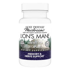 Host Defense Lion's Mane bottle front showing the label for daily brain support.