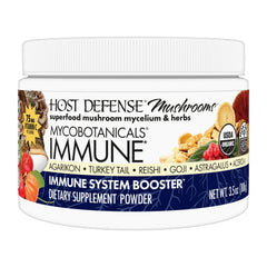 Host Defense MycoBotanicals Immune Powder bottle with label highlighting organic, non-GMO ingredients for daily wellness.
