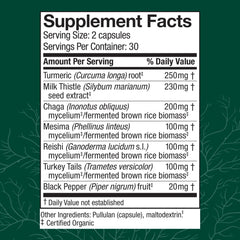 Host Defense MycoBotanicals Liver label closeup; shows milk thistle and turmeric ingredients.