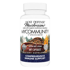 Host Defense MyCommunity capsules bottle front highlighting immune support packaging.