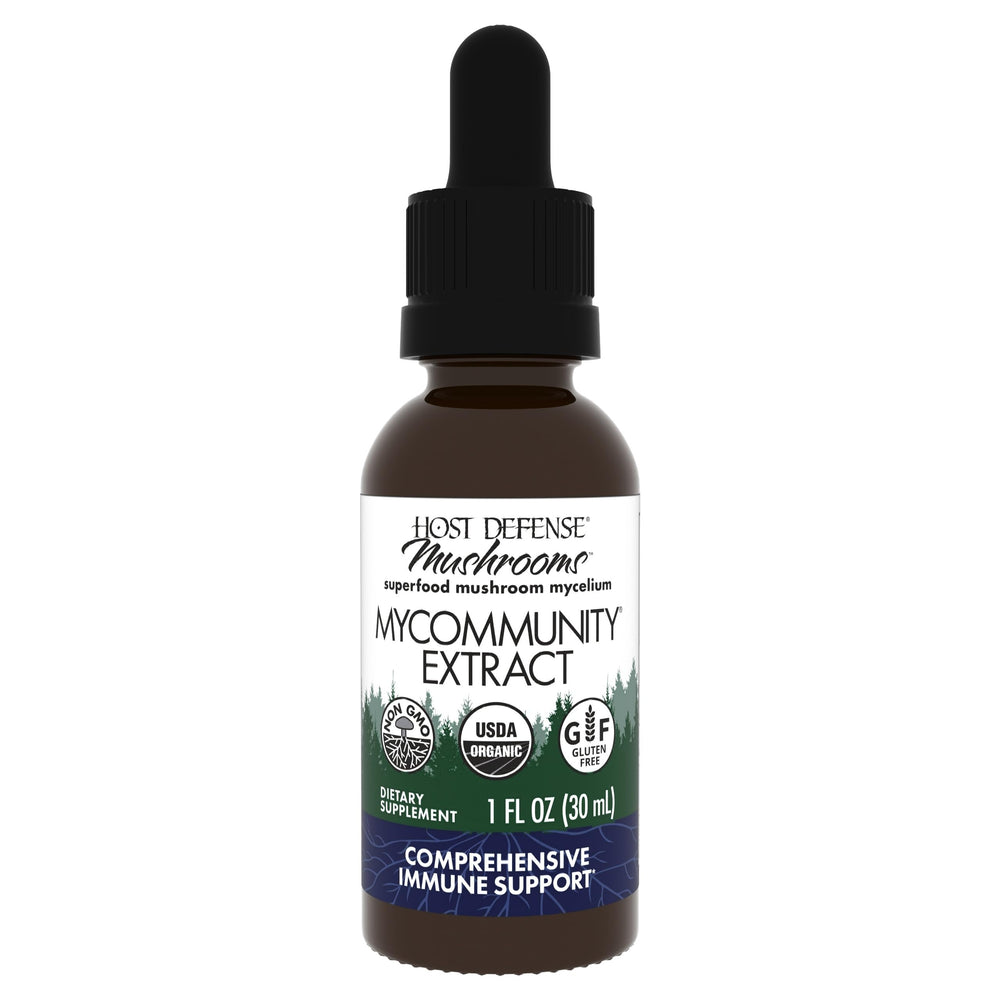 Host Defense MyCommunity Extract bottle showing the 17-species blend for immune support