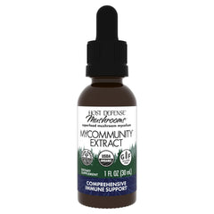 Host Defense MyCommunity Extract bottle showing the 17-species blend for immune support