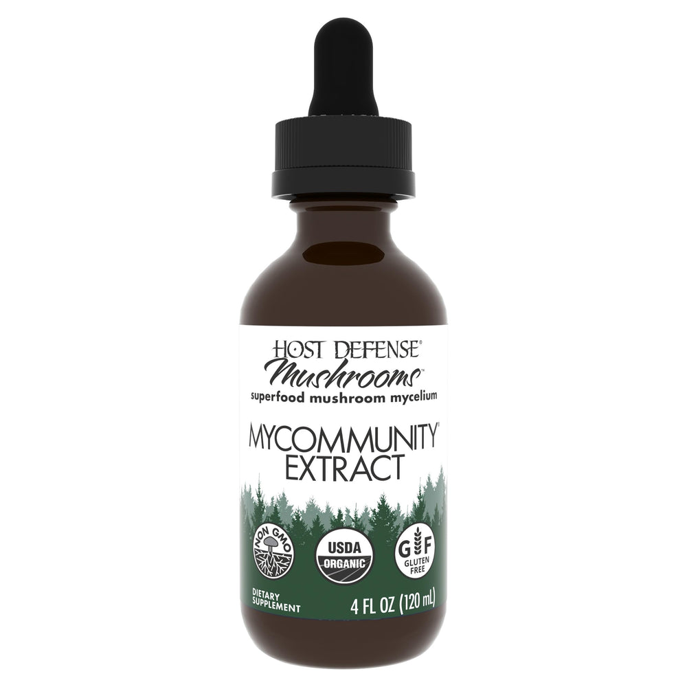 Host Defense MyCommunity Extract bottle with dropper for daily immune support.