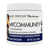 Host Defense MyCommunity Powder bottle label highlights 17-species blend for immune support