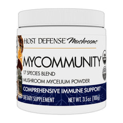 Host Defense MyCommunity Powder bottle label highlights 17-species blend for immune support