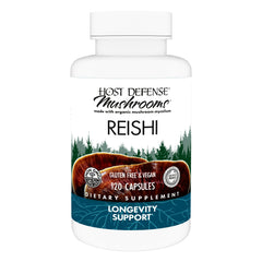 Host Defense Reishi capsules bottle demonstrates daily immune and energy support.